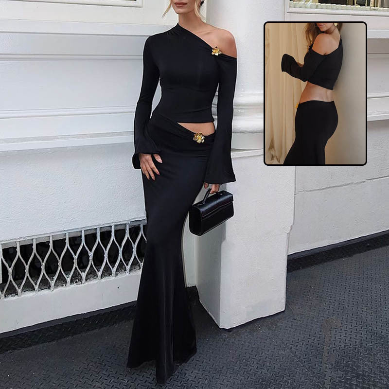 Sexy Slim Oblique Shoulder Skirt Suit Women Clothing