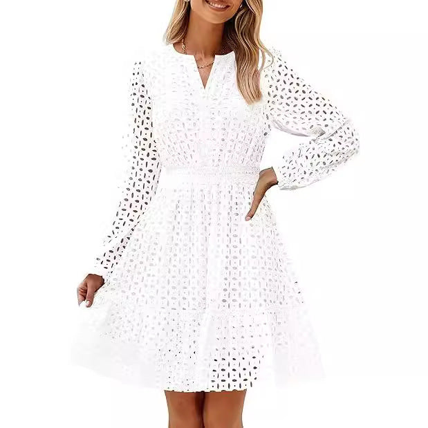 V-neck Hollow Eyelet Embroidered Cotton Long Sleeve Dress