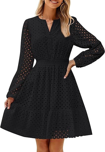 V-neck Hollow Eyelet Embroidered Cotton Long Sleeve Dress