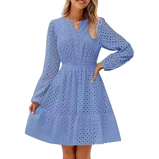 V-neck Hollow Eyelet Embroidered Cotton Long Sleeve Dress