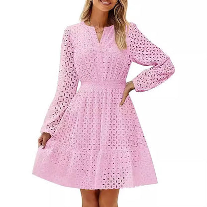 V-neck Hollow Eyelet Embroidered Cotton Long Sleeve Dress