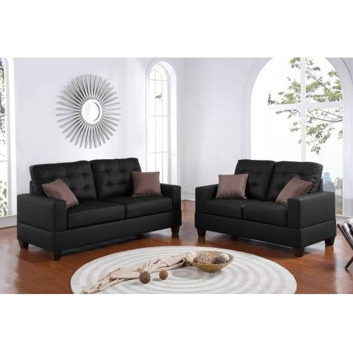 2pc Sofa Set Black Faux Leather W Pillows Cushion Couch