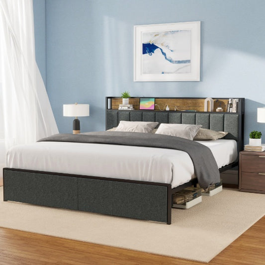 Full Bed Frame With Charging Station And LED Lights - Upholstered Headboard With Storage Shelves