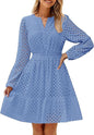 V-neck Hollow Eyelet Embroidered Cotton Long Sleeve Dress