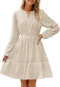 V-neck Hollow Eyelet Embroidered Cotton Long Sleeve Dress