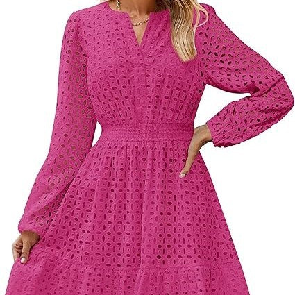 V-neck Hollow Eyelet Embroidered Cotton Long Sleeve Dress